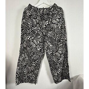 Tahari Womens Black & White Geometric Print Linen Cropped Pants Large Wide-Leg